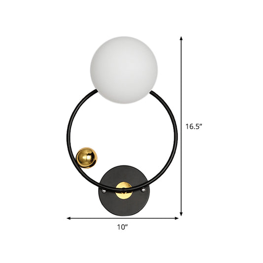 Black Circular Wall Lighting Modernist 1 Head Metal Sconce Light Fixture with Opal Glass Shade Clearhalo 'Cast Iron' 'Glass' 'Industrial' 'Modern wall lights' 'Modern' 'Tiffany' 'Traditional wall lights' 'Wall Lamps & Sconces' 'Wall Lights' Lighting' 330841