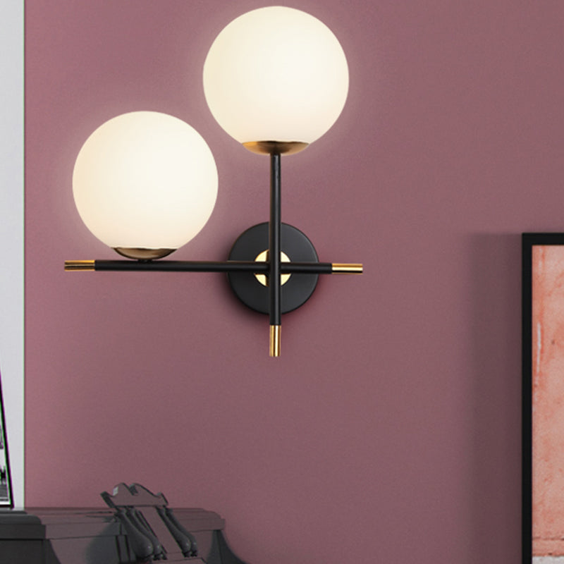 Contemporary 2 Bulbs Sconce Black Globe Wall Mounted Light Fixture with Milky Glass Shade Clearhalo 'Cast Iron' 'Glass' 'Industrial' 'Modern wall lights' 'Modern' 'Tiffany' 'Traditional wall lights' 'Wall Lamps & Sconces' 'Wall Lights' Lighting' 330870