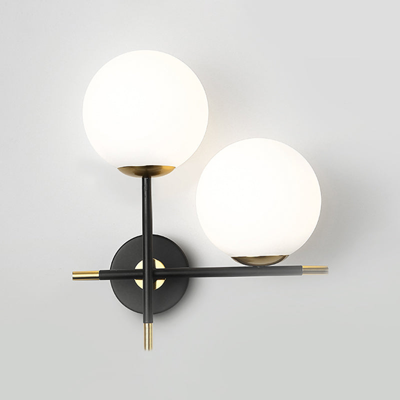 Contemporary 2 Bulbs Sconce Black Globe Wall Mounted Light Fixture with Milky Glass Shade Clearhalo 'Cast Iron' 'Glass' 'Industrial' 'Modern wall lights' 'Modern' 'Tiffany' 'Traditional wall lights' 'Wall Lamps & Sconces' 'Wall Lights' Lighting' 330871