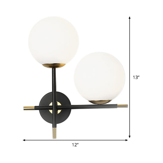 Contemporary 2 Bulbs Sconce Black Globe Wall Mounted Light Fixture with Milky Glass Shade Clearhalo 'Cast Iron' 'Glass' 'Industrial' 'Modern wall lights' 'Modern' 'Tiffany' 'Traditional wall lights' 'Wall Lamps & Sconces' 'Wall Lights' Lighting' 330873