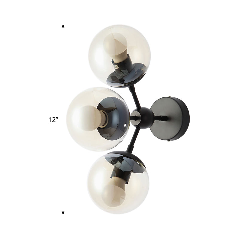 3 Bulbs Spherical Vanity Light Modern Clear Glass Wall Mounted Lighting in Black for Bathroom Clearhalo 'Cast Iron' 'Glass' 'Industrial' 'Modern wall lights' 'Modern' 'Tiffany' 'Traditional wall lights' 'Wall Lamps & Sconces' 'Wall Lights' Lighting' 330883