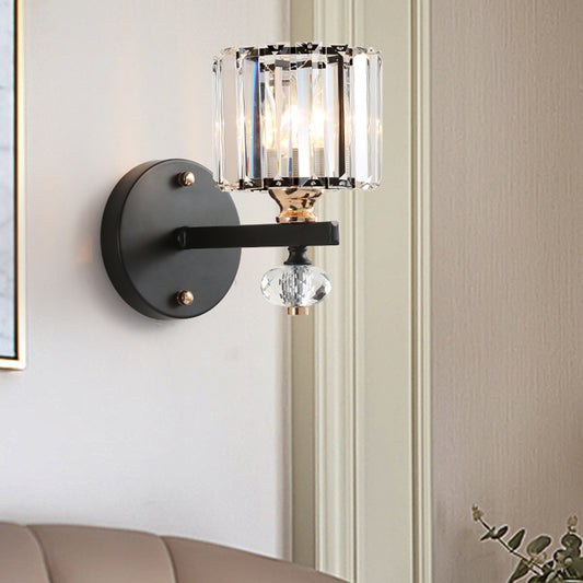 Drum Sconce Light Contemporary Clear Ribbed Glass 1 Head Wall Mounted Lamp in Black Black Clearhalo 'Cast Iron' 'Glass' 'Industrial' 'Modern wall lights' 'Modern' 'Tiffany' 'Traditional wall lights' 'Wall Lamps & Sconces' 'Wall Lights' Lighting' 330884