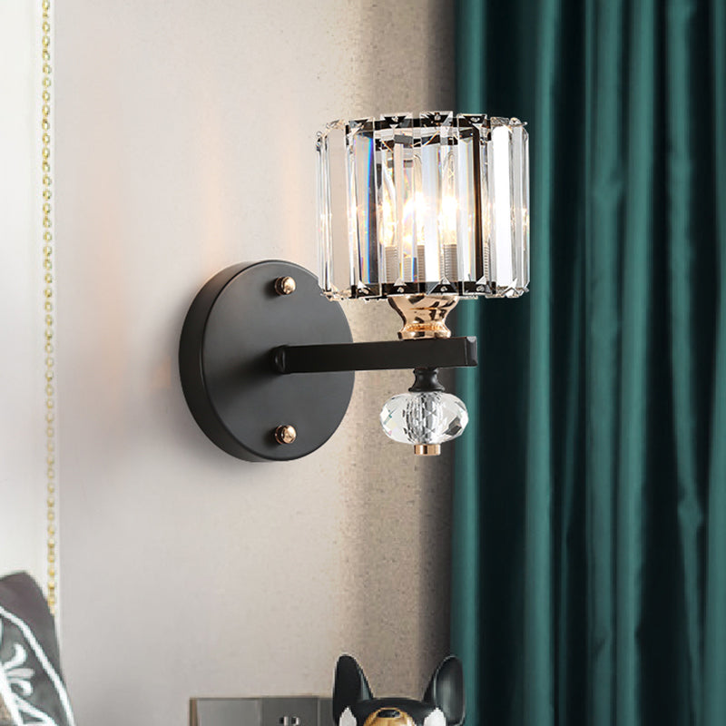 Drum Sconce Light Contemporary Clear Ribbed Glass 1 Head Wall Mounted Lamp in Black Clearhalo 'Cast Iron' 'Glass' 'Industrial' 'Modern wall lights' 'Modern' 'Tiffany' 'Traditional wall lights' 'Wall Lamps & Sconces' 'Wall Lights' Lighting' 330885