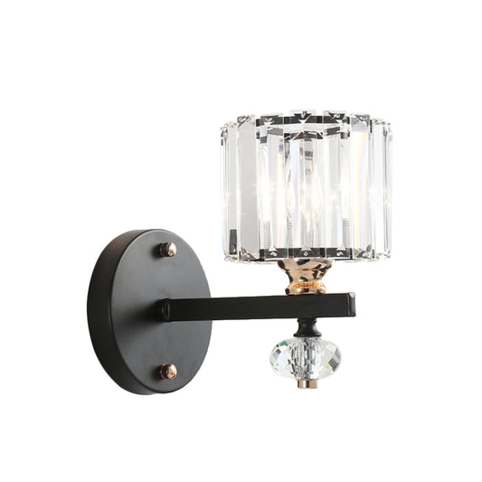 Drum Sconce Light Contemporary Clear Ribbed Glass 1 Head Wall Mounted Lamp in Black Clearhalo 'Cast Iron' 'Glass' 'Industrial' 'Modern wall lights' 'Modern' 'Tiffany' 'Traditional wall lights' 'Wall Lamps & Sconces' 'Wall Lights' Lighting' 330887