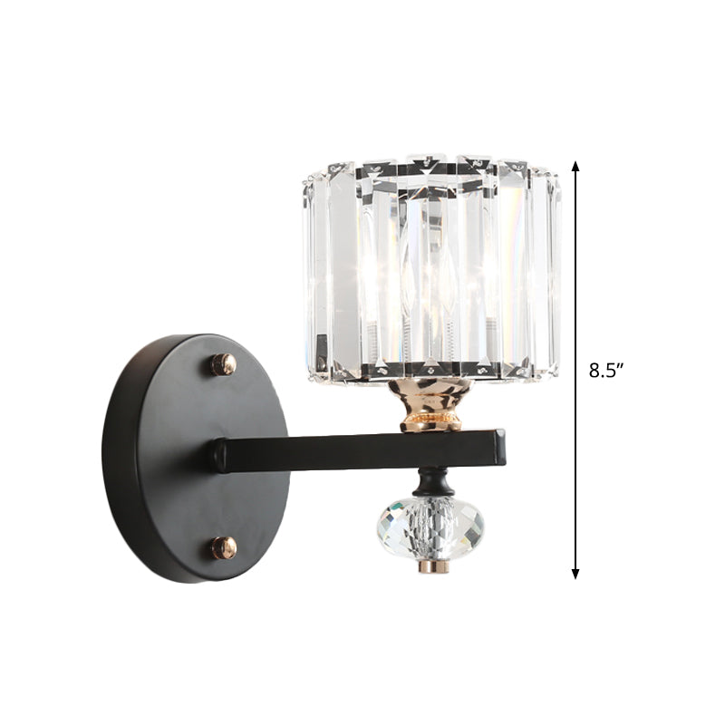 Drum Sconce Light Contemporary Clear Ribbed Glass 1 Head Wall Mounted Lamp in Black Clearhalo 'Cast Iron' 'Glass' 'Industrial' 'Modern wall lights' 'Modern' 'Tiffany' 'Traditional wall lights' 'Wall Lamps & Sconces' 'Wall Lights' Lighting' 330888