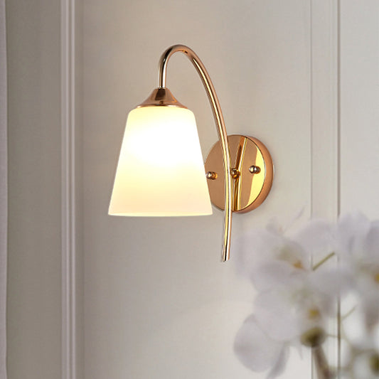 Milk Glass Tapered Sconce Contemporary 1 Bulb Wall Lighting Fixture in Gold with Metal Gooseneck Arm Gold Clearhalo 'Cast Iron' 'Glass' 'Industrial' 'Modern wall lights' 'Modern' 'Tiffany' 'Traditional wall lights' 'Wall Lamps & Sconces' 'Wall Lights' Lighting' 330907