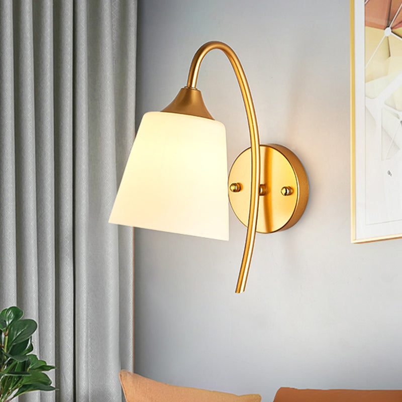 Milk Glass Tapered Sconce Contemporary 1 Bulb Wall Lighting Fixture in Gold with Metal Gooseneck Arm Clearhalo 'Cast Iron' 'Glass' 'Industrial' 'Modern wall lights' 'Modern' 'Tiffany' 'Traditional wall lights' 'Wall Lamps & Sconces' 'Wall Lights' Lighting' 330908