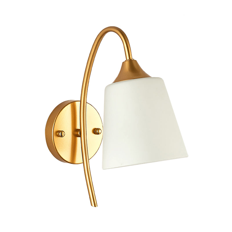 Milk Glass Tapered Sconce Contemporary 1 Bulb Wall Lighting Fixture in Gold with Metal Gooseneck Arm Clearhalo 'Cast Iron' 'Glass' 'Industrial' 'Modern wall lights' 'Modern' 'Tiffany' 'Traditional wall lights' 'Wall Lamps & Sconces' 'Wall Lights' Lighting' 330910