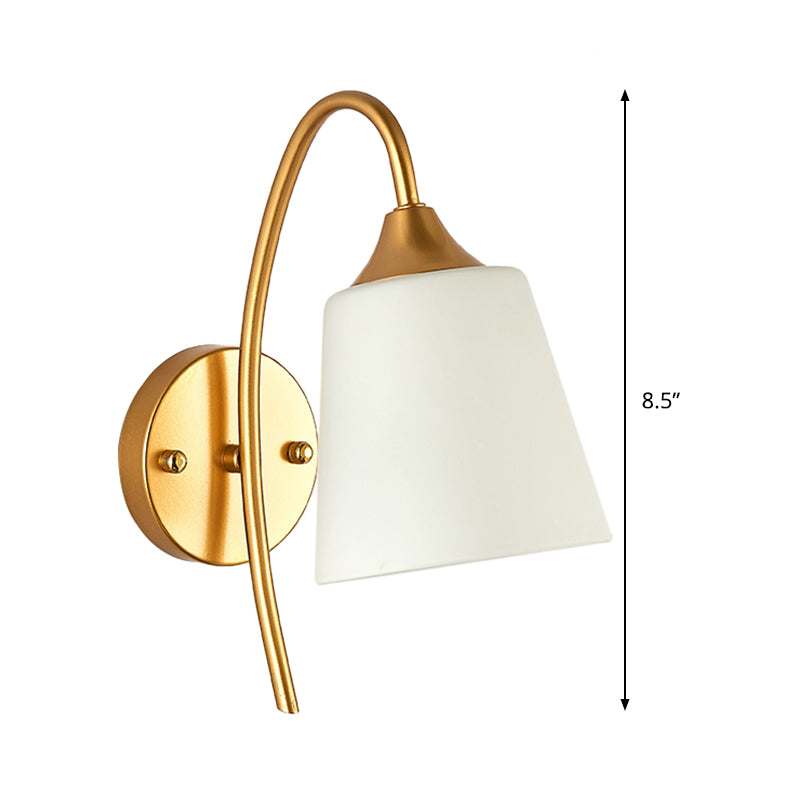 Milk Glass Tapered Sconce Contemporary 1 Bulb Wall Lighting Fixture in Gold with Metal Gooseneck Arm Clearhalo 'Cast Iron' 'Glass' 'Industrial' 'Modern wall lights' 'Modern' 'Tiffany' 'Traditional wall lights' 'Wall Lamps & Sconces' 'Wall Lights' Lighting' 330911