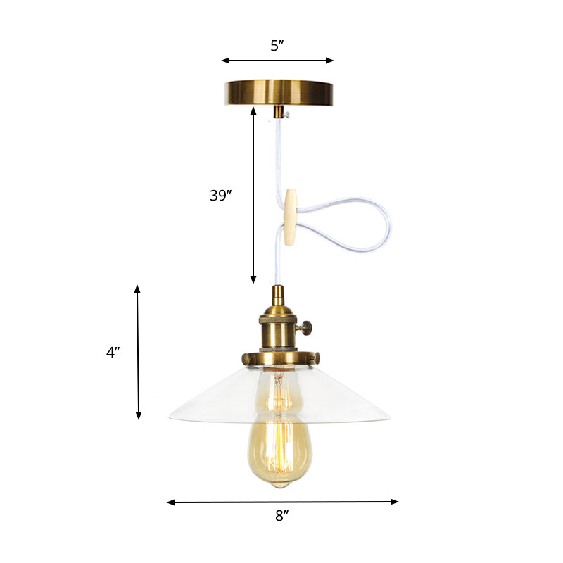 Farmhouse Style Cone Pendant Lamp Metallic and Clear Glass 1 Bulb Indoor Height Adjustable Ceiling Light in Black/Bronze/Brass Clearhalo 'Art Deco Pendants' 'Black' 'Cast Iron' 'Ceiling Lights' 'Ceramic' 'Crystal' 'Industrial Pendants' 'Industrial' 'Metal' 'Middle Century Pendants' 'Pendant Lights' 'Pendants' 'Rustic Pendants' 'Tiffany' Lighting' 330969