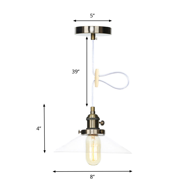 Farmhouse Style Cone Pendant Lamp Metallic and Clear Glass 1 Bulb Indoor Height Adjustable Ceiling Light in Black/Bronze/Brass Clearhalo 'Art Deco Pendants' 'Black' 'Cast Iron' 'Ceiling Lights' 'Ceramic' 'Crystal' 'Industrial Pendants' 'Industrial' 'Metal' 'Middle Century Pendants' 'Pendant Lights' 'Pendants' 'Rustic Pendants' 'Tiffany' Lighting' 330973