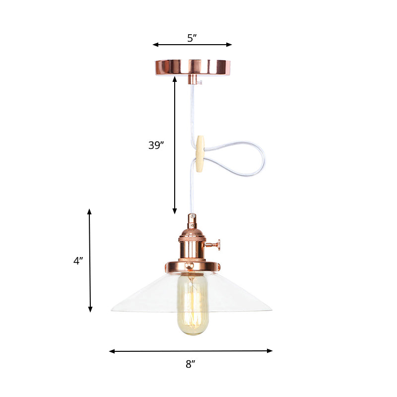 Farmhouse Style Cone Pendant Lamp Metallic and Clear Glass 1 Bulb Indoor Height Adjustable Ceiling Light in Black/Bronze/Brass Clearhalo 'Art Deco Pendants' 'Black' 'Cast Iron' 'Ceiling Lights' 'Ceramic' 'Crystal' 'Industrial Pendants' 'Industrial' 'Metal' 'Middle Century Pendants' 'Pendant Lights' 'Pendants' 'Rustic Pendants' 'Tiffany' Lighting' 330981