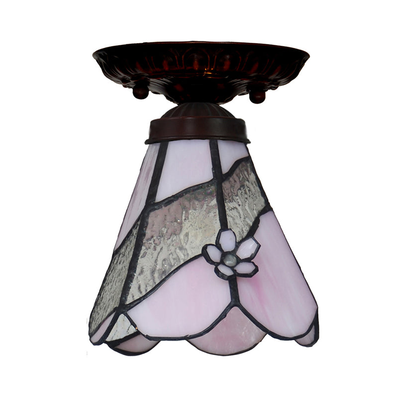 1 Light Flower/Flared/Rhombus Flushmount Lighting Tiffany Style Pink Glass Ceiling Light Fixture Clearhalo 'Ceiling Lights' 'Close To Ceiling Lights' 'Close to ceiling' 'Flush mount' Lighting' 330985