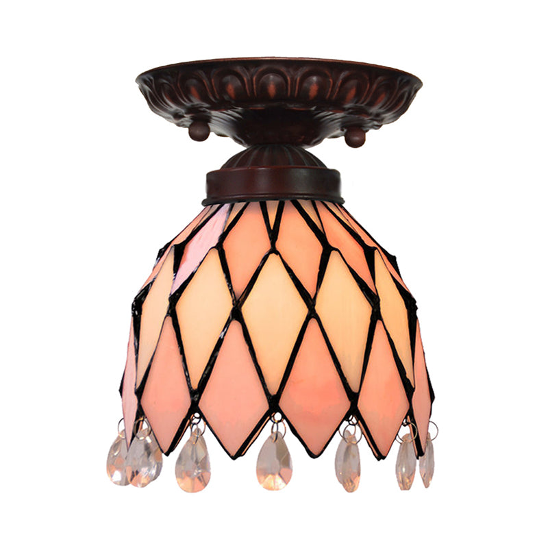 1 Light Flower/Flared/Rhombus Flushmount Lighting Tiffany Style Pink Glass Ceiling Light Fixture Pink Rhombus Clearhalo 'Ceiling Lights' 'Close To Ceiling Lights' 'Close to ceiling' 'Flush mount' Lighting' 330987