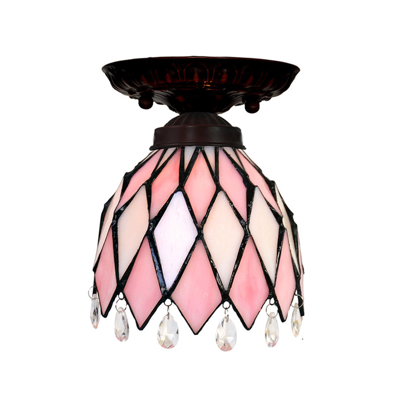 1 Light Flower/Flared/Rhombus Flushmount Lighting Tiffany Style Pink Glass Ceiling Light Fixture Clearhalo 'Ceiling Lights' 'Close To Ceiling Lights' 'Close to ceiling' 'Flush mount' Lighting' 330988