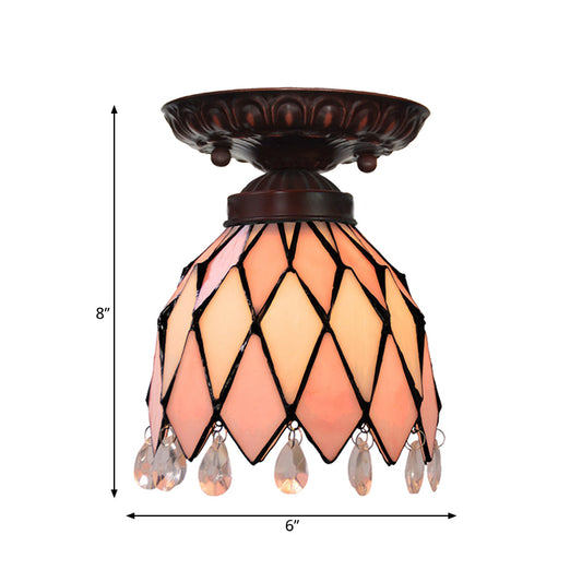 1 Light Flower/Flared/Rhombus Flushmount Lighting Tiffany Style Pink Glass Ceiling Light Fixture Clearhalo 'Ceiling Lights' 'Close To Ceiling Lights' 'Close to ceiling' 'Flush mount' Lighting' 330989