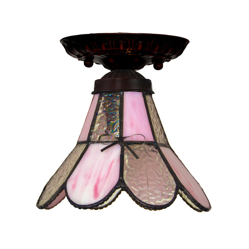 1 Light Flower/Flared/Rhombus Flushmount Lighting Tiffany Style Pink Glass Ceiling Light Fixture Pink Flared Clearhalo 'Ceiling Lights' 'Close To Ceiling Lights' 'Close to ceiling' 'Flush mount' Lighting' 330990
