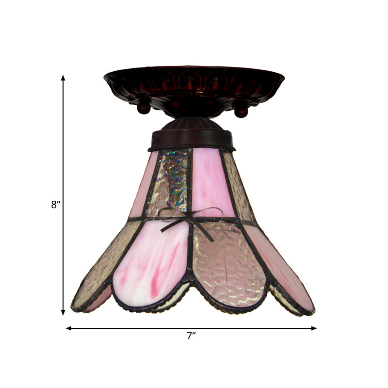 1 Light Flower/Flared/Rhombus Flushmount Lighting Tiffany Style Pink Glass Ceiling Light Fixture Clearhalo 'Ceiling Lights' 'Close To Ceiling Lights' 'Close to ceiling' 'Flush mount' Lighting' 330991