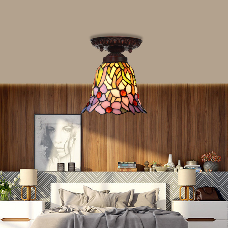 1 Light Flush Mount Light Fixture Victorian Bell Pink/Blue Stained Glass Ceiling Lamp for Bedroom Pink Clearhalo 'Ceiling Lights' 'Close To Ceiling Lights' 'Close to ceiling' 'Flush mount' Lighting' 330992