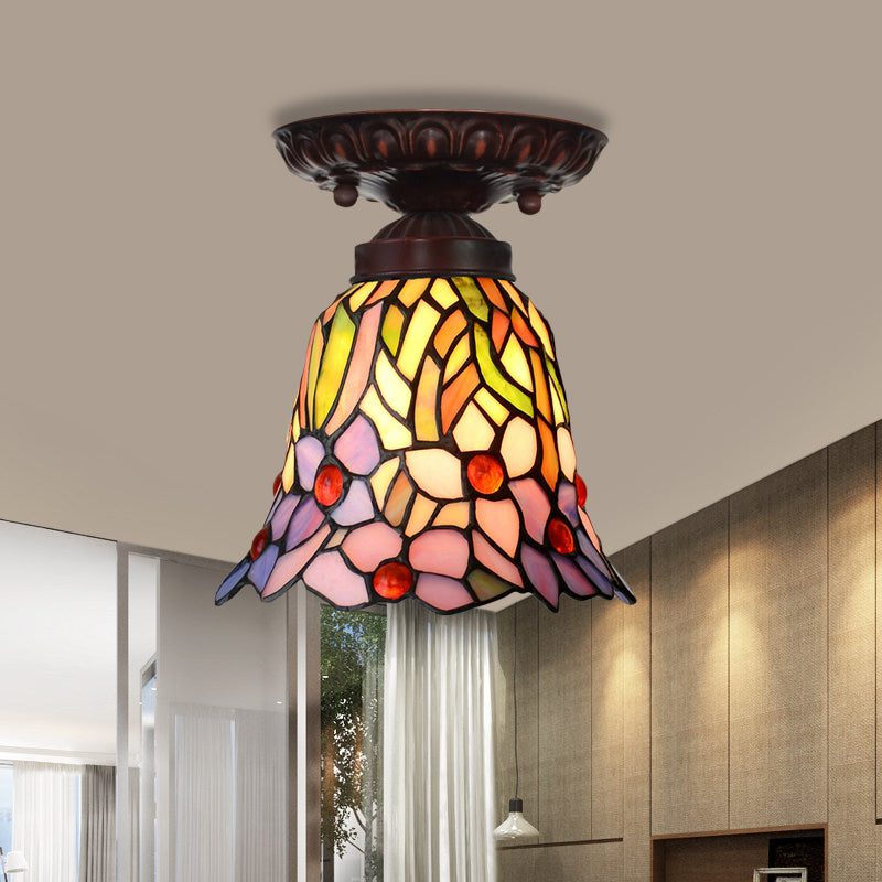 1 Light Flush Mount Light Fixture Victorian Bell Pink/Blue Stained Glass Ceiling Lamp for Bedroom Clearhalo 'Ceiling Lights' 'Close To Ceiling Lights' 'Close to ceiling' 'Flush mount' Lighting' 330993