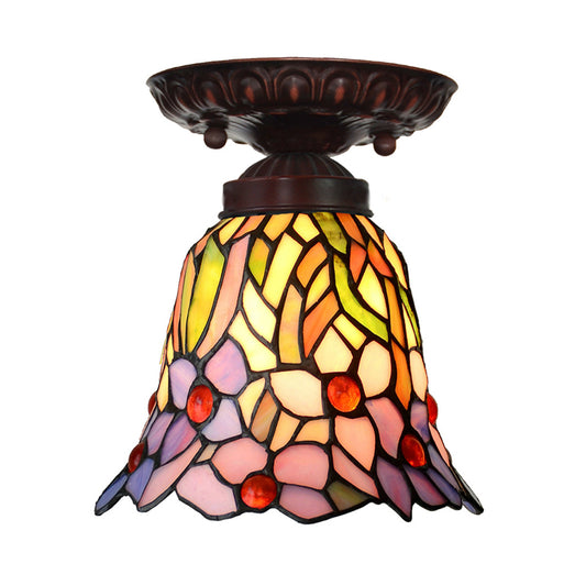 1 Light Flush Mount Light Fixture Victorian Bell Pink/Blue Stained Glass Ceiling Lamp for Bedroom Clearhalo 'Ceiling Lights' 'Close To Ceiling Lights' 'Close to ceiling' 'Flush mount' Lighting' 330994