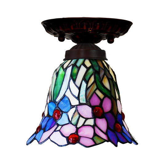 1 Light Flush Mount Light Fixture Victorian Bell Pink/Blue Stained Glass Ceiling Lamp for Bedroom Clearhalo 'Ceiling Lights' 'Close To Ceiling Lights' 'Close to ceiling' 'Flush mount' Lighting' 330995