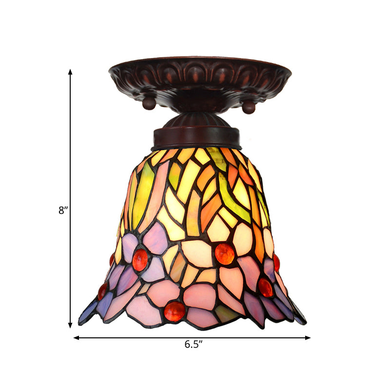 1 Light Flush Mount Light Fixture Victorian Bell Pink/Blue Stained Glass Ceiling Lamp for Bedroom Clearhalo 'Ceiling Lights' 'Close To Ceiling Lights' 'Close to ceiling' 'Flush mount' Lighting' 330996