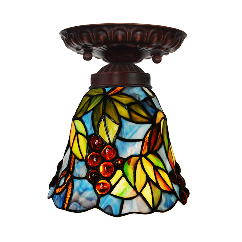 1 Light Flush Mount Light Fixture Victorian Bell Pink/Blue Stained Glass Ceiling Lamp for Bedroom Blue Clearhalo 'Ceiling Lights' 'Close To Ceiling Lights' 'Close to ceiling' 'Flush mount' Lighting' 330997