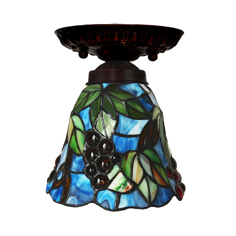 1 Light Flush Mount Light Fixture Victorian Bell Pink/Blue Stained Glass Ceiling Lamp for Bedroom Clearhalo 'Ceiling Lights' 'Close To Ceiling Lights' 'Close to ceiling' 'Flush mount' Lighting' 330998