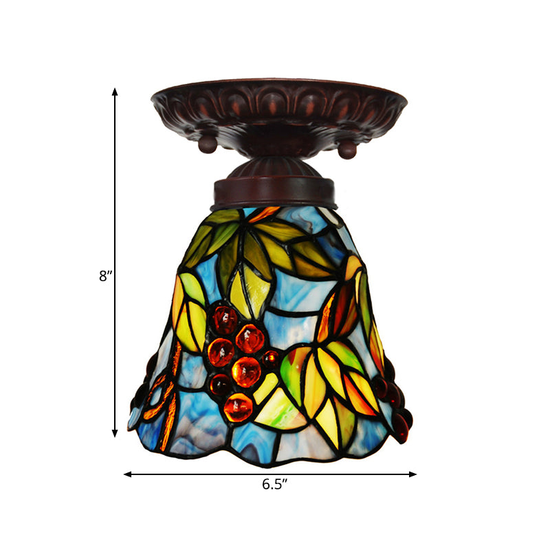 1 Light Flush Mount Light Fixture Victorian Bell Pink/Blue Stained Glass Ceiling Lamp for Bedroom Clearhalo 'Ceiling Lights' 'Close To Ceiling Lights' 'Close to ceiling' 'Flush mount' Lighting' 330999
