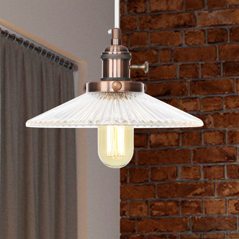 Saucer Pendant Lighting Vintage Stylish Clear Ribbed Glass 1 Head Black/Bronze/Brass Ceiling Fixture for Coffee Shop Clearhalo 'Art Deco Pendants' 'Black' 'Cast Iron' 'Ceiling Lights' 'Ceramic' 'Crystal' 'Industrial Pendants' 'Industrial' 'Metal' 'Middle Century Pendants' 'Pendant Lights' 'Pendants' 'Rustic Pendants' 'Tiffany' Lighting' 331001