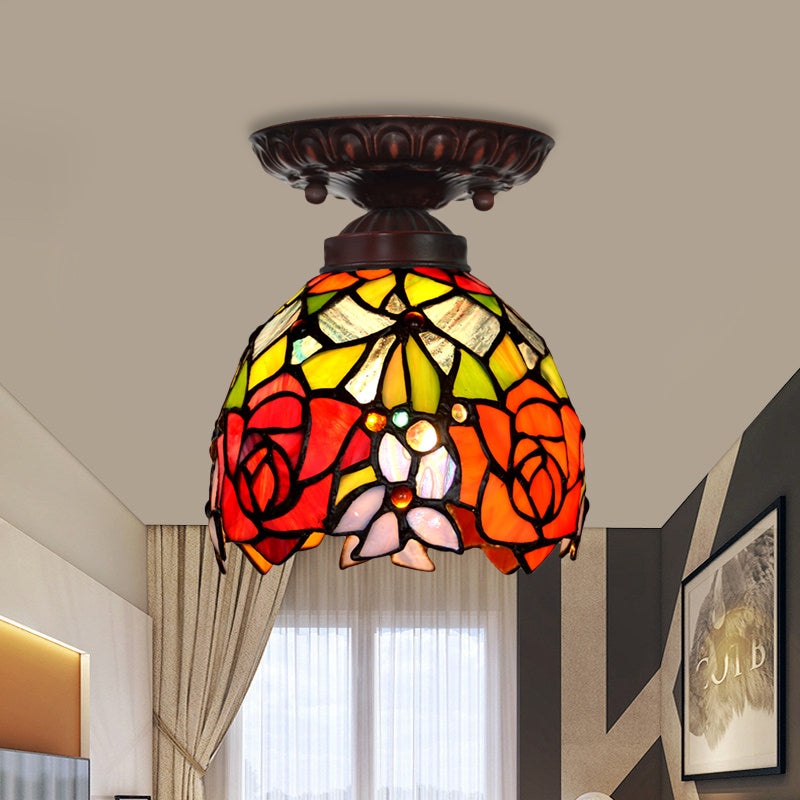 Victorian Domed Ceiling Mounted Light 1 Light Red/Pink/Orange Stained Glass Flushmount for Corridor Clearhalo 'Ceiling Lights' 'Close To Ceiling Lights' 'Close to ceiling' 'Flush mount' Lighting' 331034