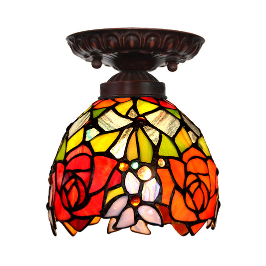 Victorian Domed Ceiling Mounted Light 1 Light Red/Pink/Orange Stained Glass Flushmount for Corridor Clearhalo 'Ceiling Lights' 'Close To Ceiling Lights' 'Close to ceiling' 'Flush mount' Lighting' 331035