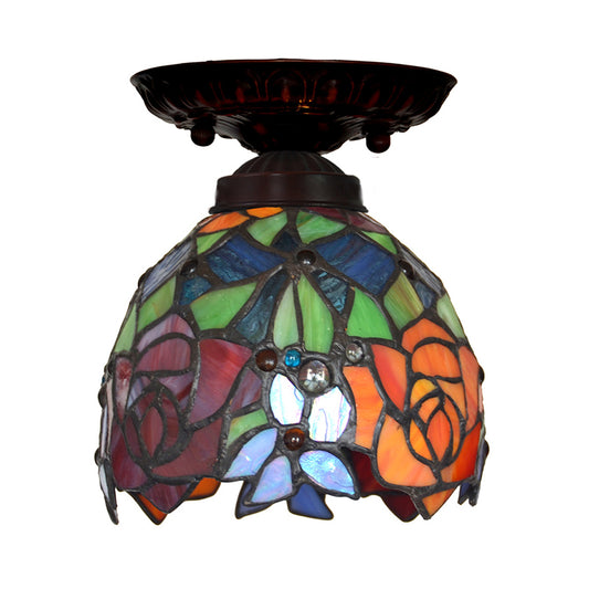 Victorian Domed Ceiling Mounted Light 1 Light Red/Pink/Orange Stained Glass Flushmount for Corridor Clearhalo 'Ceiling Lights' 'Close To Ceiling Lights' 'Close to ceiling' 'Flush mount' Lighting' 331036