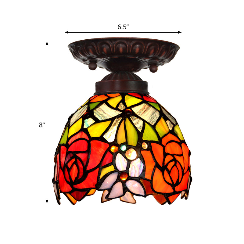 Victorian Domed Ceiling Mounted Light 1 Light Red/Pink/Orange Stained Glass Flushmount for Corridor Clearhalo 'Ceiling Lights' 'Close To Ceiling Lights' 'Close to ceiling' 'Flush mount' Lighting' 331037