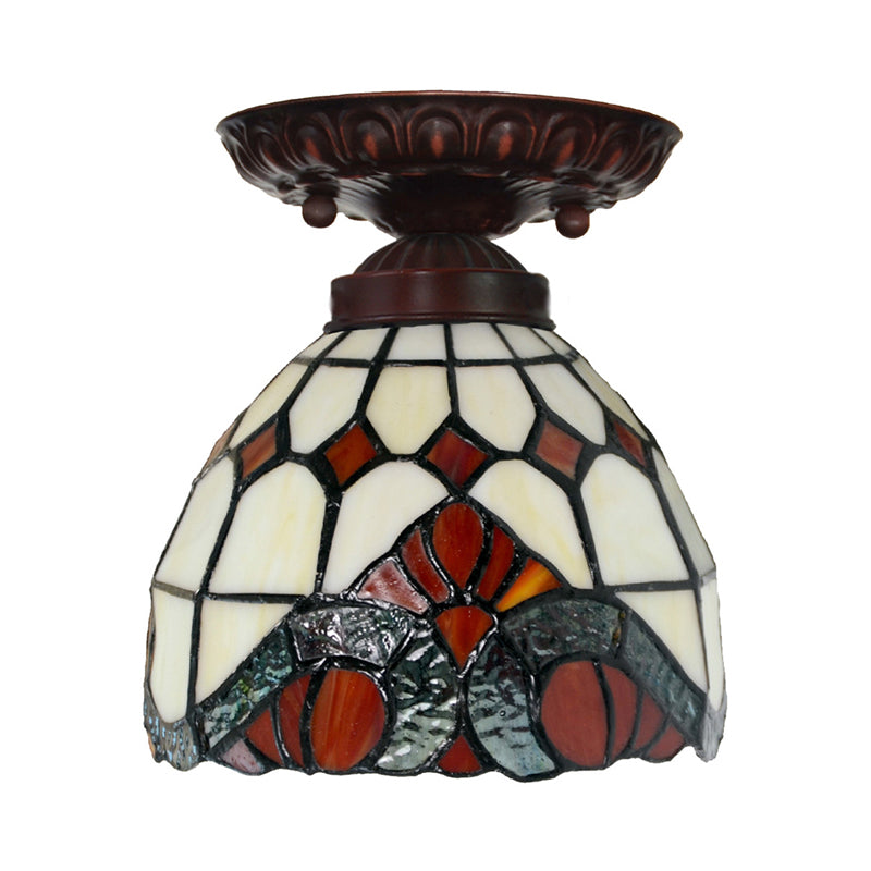 Victorian Domed Ceiling Mounted Light 1 Light Red/Pink/Orange Stained Glass Flushmount for Corridor Clearhalo 'Ceiling Lights' 'Close To Ceiling Lights' 'Close to ceiling' 'Flush mount' Lighting' 331039