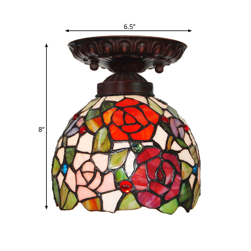 Victorian Domed Ceiling Mounted Light 1 Light Red/Pink/Orange Stained Glass Flushmount for Corridor Clearhalo 'Ceiling Lights' 'Close To Ceiling Lights' 'Close to ceiling' 'Flush mount' Lighting' 331043