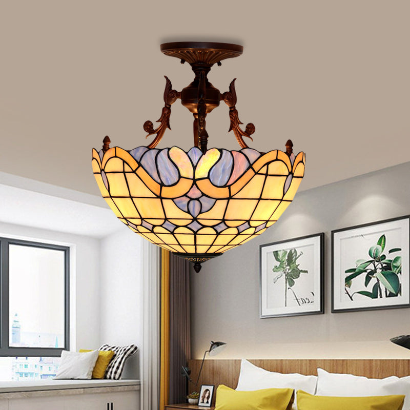 Dome Semi Mount Lighting Tiffany Beige/Light Blue Glass 3 Lights Bronze Ceiling Light Fixture for Living Room Clearhalo 'Ceiling Lights' 'Close To Ceiling Lights' 'Close to ceiling' 'Flush mount' Lighting' 331055