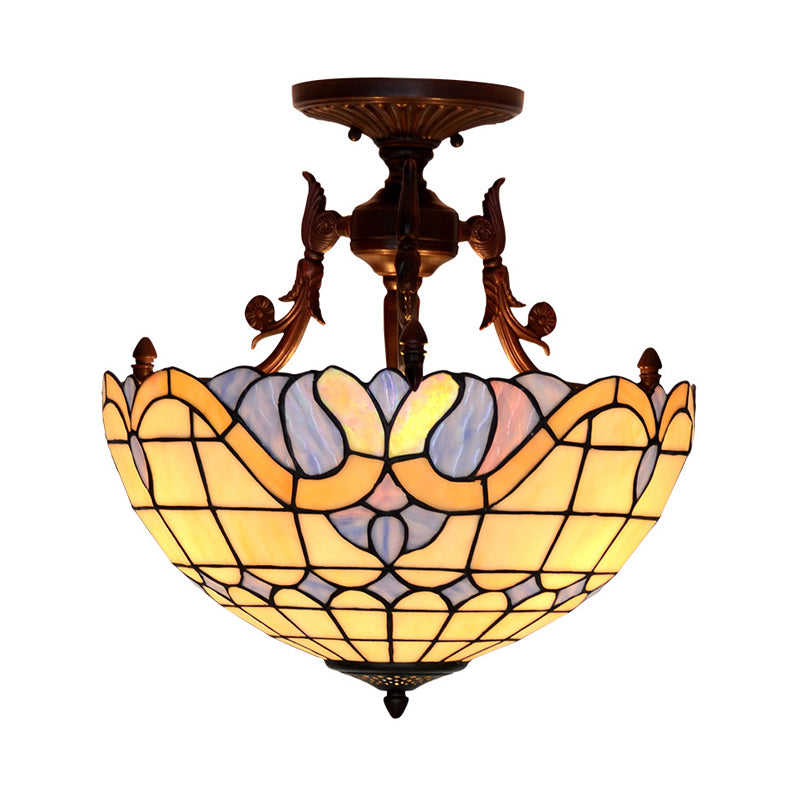 Dome Semi Mount Lighting Tiffany Beige/Light Blue Glass 3 Lights Bronze Ceiling Light Fixture for Living Room Clearhalo 'Ceiling Lights' 'Close To Ceiling Lights' 'Close to ceiling' 'Flush mount' Lighting' 331056