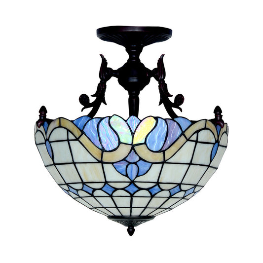 Dome Semi Mount Lighting Tiffany Beige/Light Blue Glass 3 Lights Bronze Ceiling Light Fixture for Living Room Clearhalo 'Ceiling Lights' 'Close To Ceiling Lights' 'Close to ceiling' 'Flush mount' Lighting' 331057
