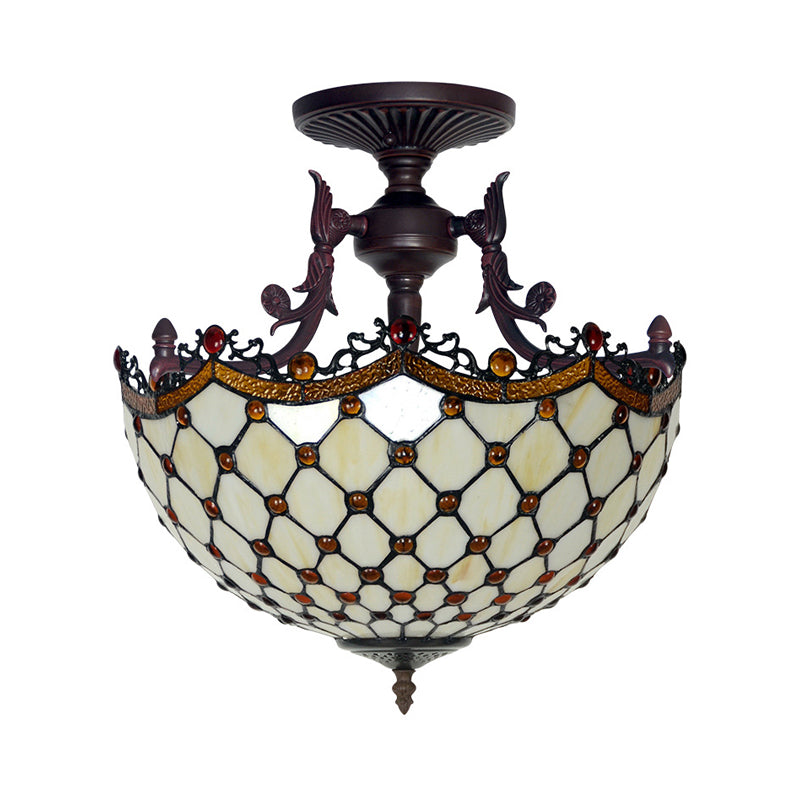 Dome Semi Mount Lighting Tiffany Beige/Light Blue Glass 3 Lights Bronze Ceiling Light Fixture for Living Room Clearhalo 'Ceiling Lights' 'Close To Ceiling Lights' 'Close to ceiling' 'Flush mount' Lighting' 331060