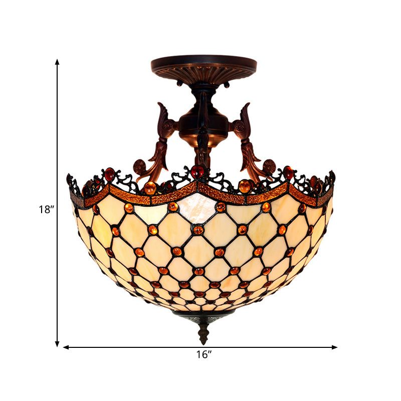 Dome Semi Mount Lighting Tiffany Beige/Light Blue Glass 3 Lights Bronze Ceiling Light Fixture for Living Room Clearhalo 'Ceiling Lights' 'Close To Ceiling Lights' 'Close to ceiling' 'Flush mount' Lighting' 331061
