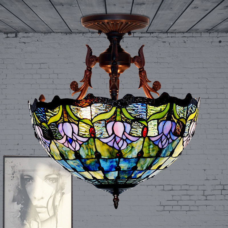 Stained Glass Semi Flush Mount Light Mediterranean 3 Lights Red/Blue Ceiling Lighting for Living Room Clearhalo 'Ceiling Lights' 'Close To Ceiling Lights' 'Close to ceiling' 'Glass shade' 'Glass' 'Semi-flushmount' 'Tiffany close to ceiling' 'Tiffany' Lighting' 331132