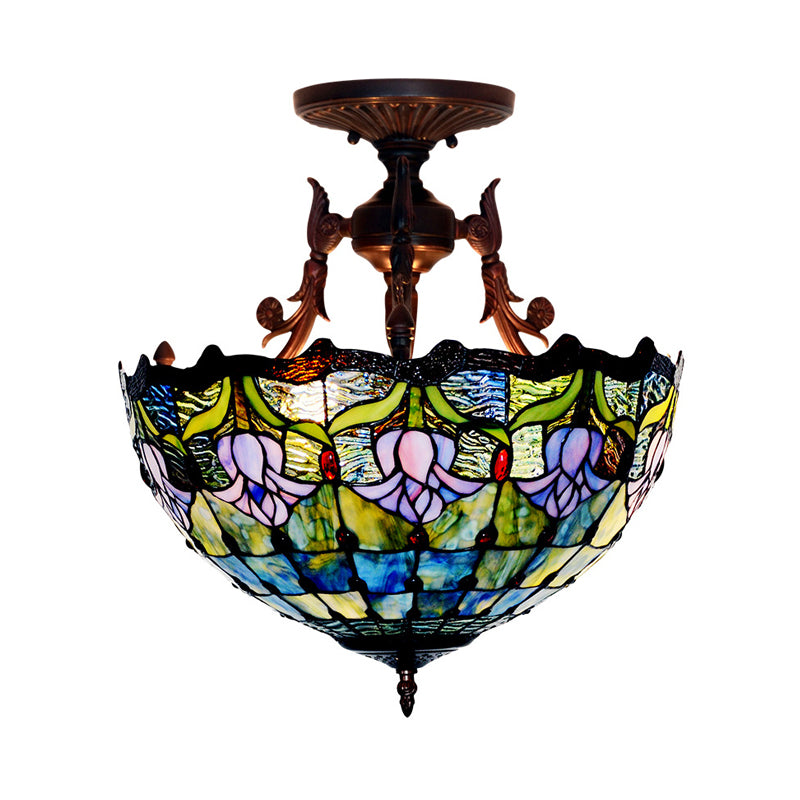 Stained Glass Semi Flush Mount Light Mediterranean 3 Lights Red/Blue Ceiling Lighting for Living Room Clearhalo 'Ceiling Lights' 'Close To Ceiling Lights' 'Close to ceiling' 'Glass shade' 'Glass' 'Semi-flushmount' 'Tiffany close to ceiling' 'Tiffany' Lighting' 331133
