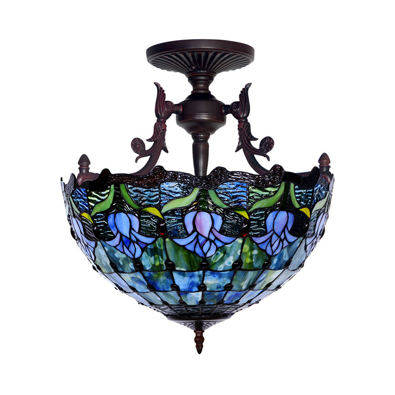 Stained Glass Semi Flush Mount Light Mediterranean 3 Lights Red/Blue Ceiling Lighting for Living Room Clearhalo 'Ceiling Lights' 'Close To Ceiling Lights' 'Close to ceiling' 'Glass shade' 'Glass' 'Semi-flushmount' 'Tiffany close to ceiling' 'Tiffany' Lighting' 331134