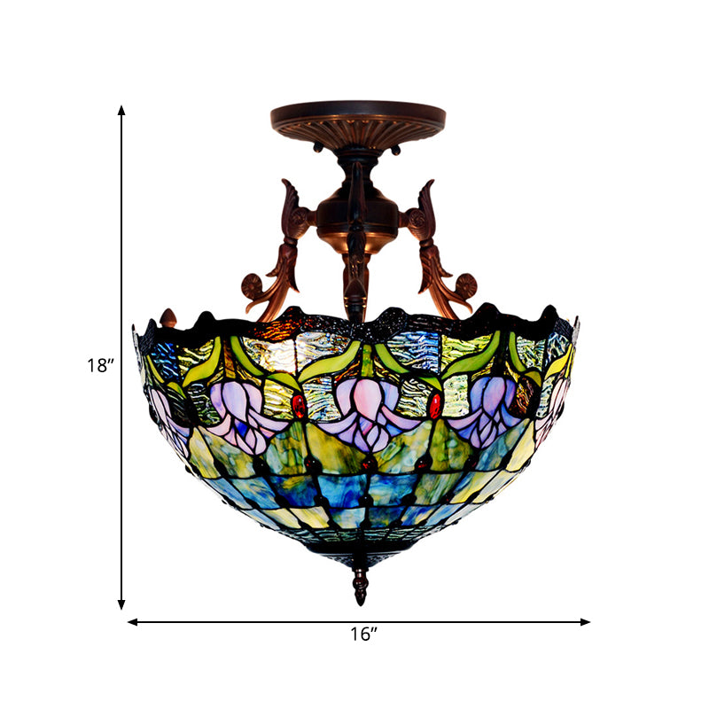 Stained Glass Semi Flush Mount Light Mediterranean 3 Lights Red/Blue Ceiling Lighting for Living Room Clearhalo 'Ceiling Lights' 'Close To Ceiling Lights' 'Close to ceiling' 'Glass shade' 'Glass' 'Semi-flushmount' 'Tiffany close to ceiling' 'Tiffany' Lighting' 331135