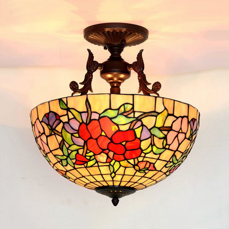 Stained Glass Semi Flush Mount Light Mediterranean 3 Lights Red/Blue Ceiling Lighting for Living Room Red Clearhalo 'Ceiling Lights' 'Close To Ceiling Lights' 'Close to ceiling' 'Glass shade' 'Glass' 'Semi-flushmount' 'Tiffany close to ceiling' 'Tiffany' Lighting' 331136