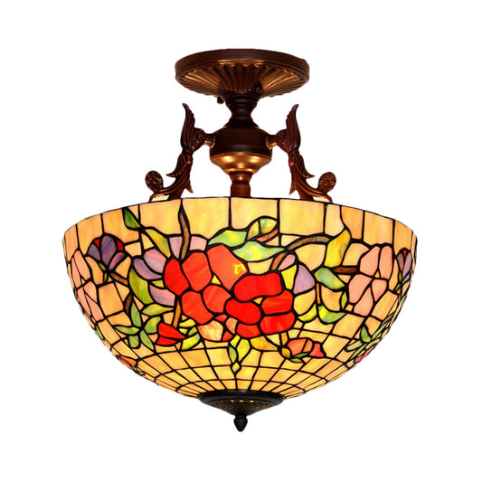 Stained Glass Semi Flush Mount Light Mediterranean 3 Lights Red/Blue Ceiling Lighting for Living Room Clearhalo 'Ceiling Lights' 'Close To Ceiling Lights' 'Close to ceiling' 'Glass shade' 'Glass' 'Semi-flushmount' 'Tiffany close to ceiling' 'Tiffany' Lighting' 331137