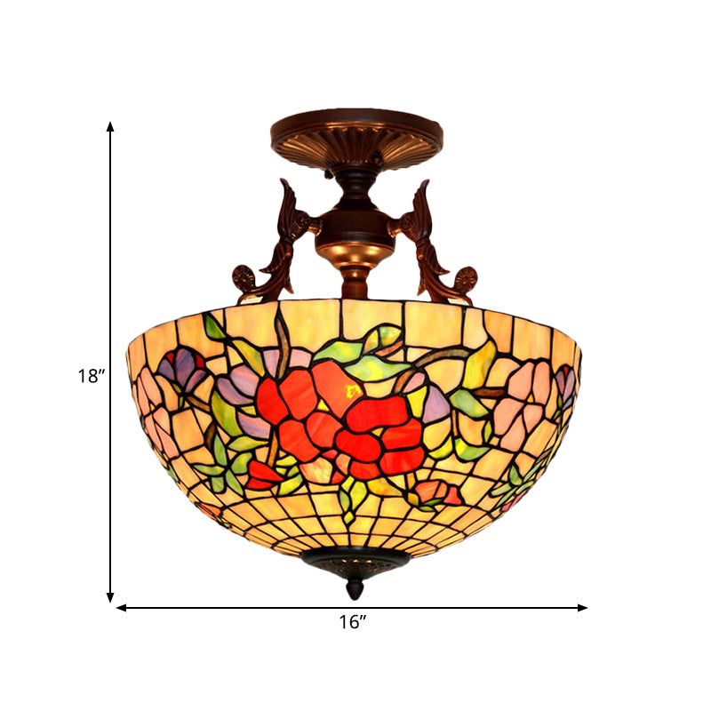 Stained Glass Semi Flush Mount Light Mediterranean 3 Lights Red/Blue Ceiling Lighting for Living Room Clearhalo 'Ceiling Lights' 'Close To Ceiling Lights' 'Close to ceiling' 'Glass shade' 'Glass' 'Semi-flushmount' 'Tiffany close to ceiling' 'Tiffany' Lighting' 331138