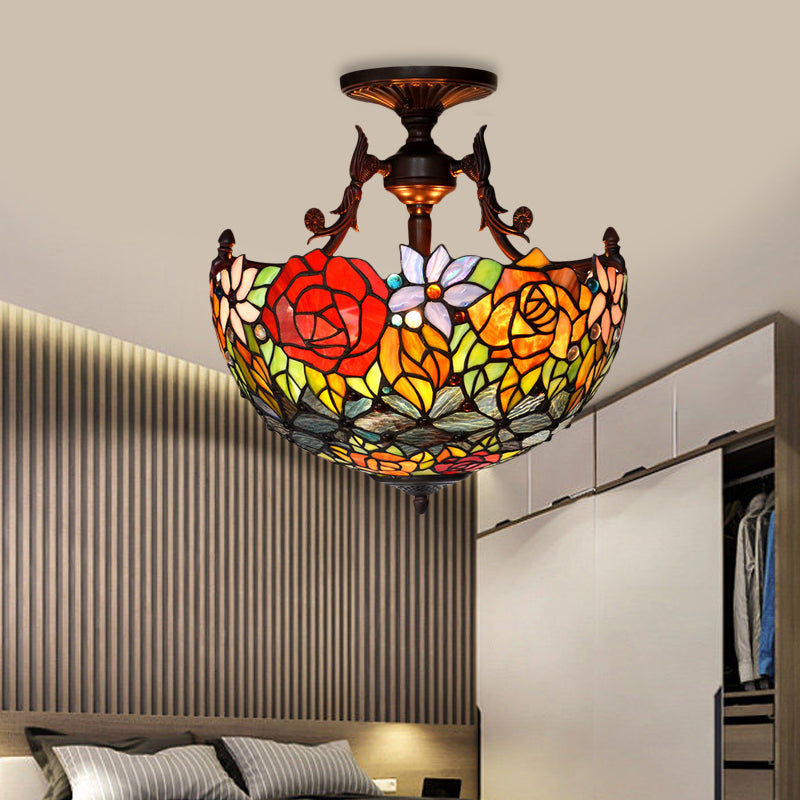 Bronze Blossom Semi Flush Mediterranean 3 Lights Red/Orange/Green Cut Glass Ceiling Mount for Living Room Clearhalo 'Ceiling Lights' 'Chandeliers' 'Close To Ceiling Lights' 'Close to ceiling' 'Glass shade' 'Glass' 'Semi-flushmount' 'Tiffany close to ceiling' 'Tiffany' Lighting' 331140